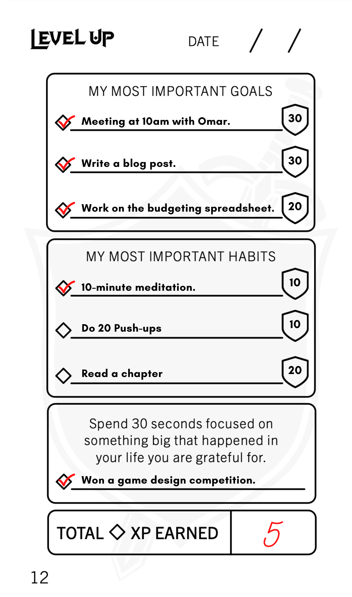 Level Up Journal daily page — goals and habits