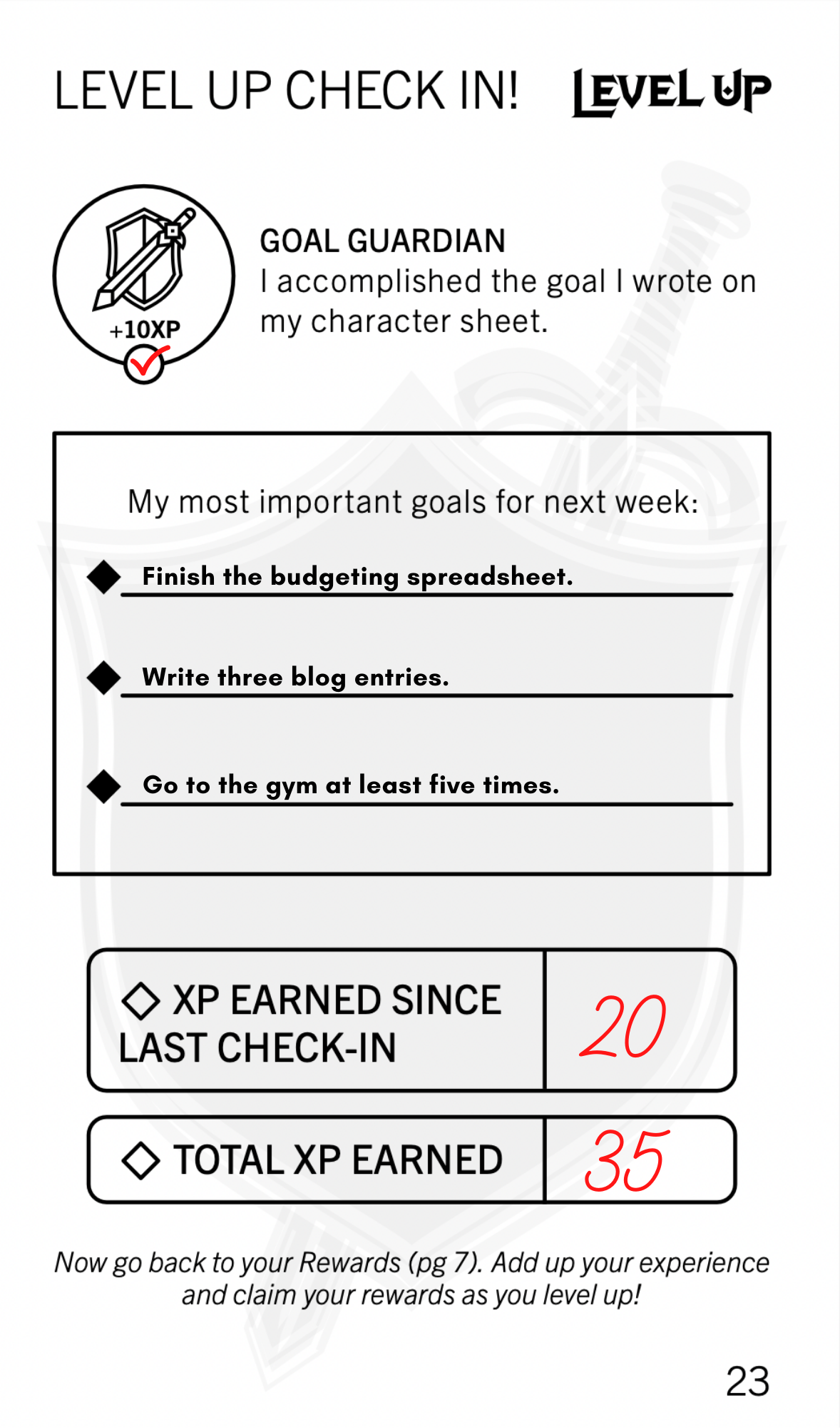 Level Up Journal check-in page